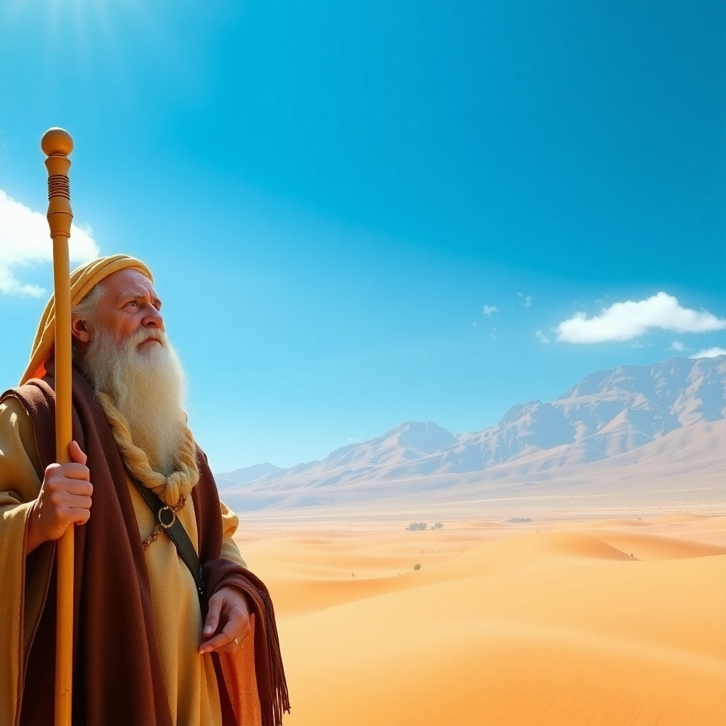 Abraham standing in a vast, sun-drenched desert landscape, with a majestic mountain range in the background. Abraham should be depicted as a wise and aged patriarch, with a long white beard and a twinkle in his eye, dressed in traditional Middle Eastern attire. He should be holding a staff in one hand and gazing up at the sky with a look of unwavering faith and trust