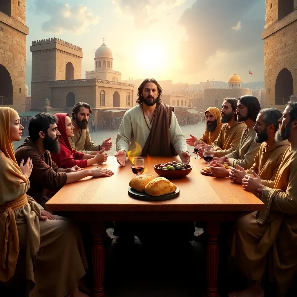 the 12 apostles of Jesus gathered around a large, wooden table, set against the backdrop of a stunning, ancient Jerusalem cityscape at sunset. The apostles should be depicted in various poses, some with their eyes closed in prayer, others with their hands clasped together, and a few looking up towards the heavens with a mix of awe and wonder. Each apostle should be uniquely dressed in traditional, first-century Palestinian attire, with intricate details and textures that reflect their individual personalities and characteristics. Jesus should be seated at the center of the table, with a gentle, loving expression on his face, and his hands outstretched in a gesture of blessing and guidance.