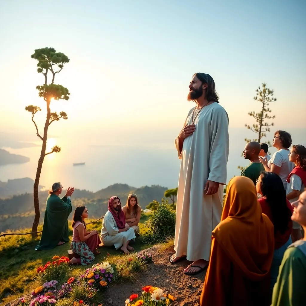 Jesus standing on a serene, mountainous landscape, surrounded by a gathering of people from all walks of life, with a breathtaking, panoramic view of the Sea of Galilee in the background. Jesus should be depicted as a compassionate and wise teacher, with a gentle smile and a warm, inviting gaze, dressed in a simple, yet elegant, white robe that seems to shimmer in the soft, golden light of the setting sun.