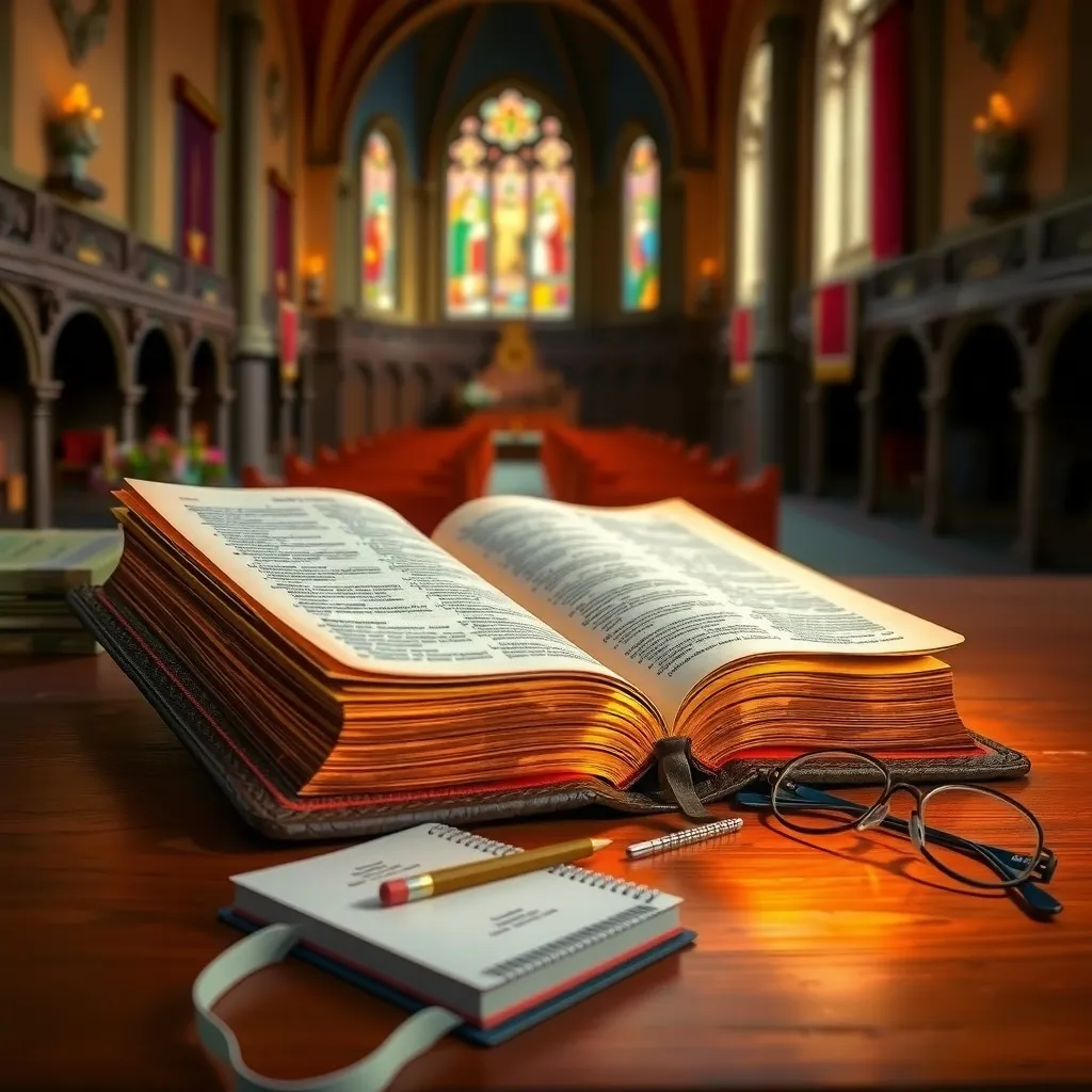 a beautiful, leather-bound Bible lying open on a wooden desk, with a warm, golden light spilling out from the pages, illuminating the surrounding space. The Bible should be positioned in a way that suggests it is being studied or read, with a few bookmarks and notes scattered about, and a pair of reading glasses lying nearby.