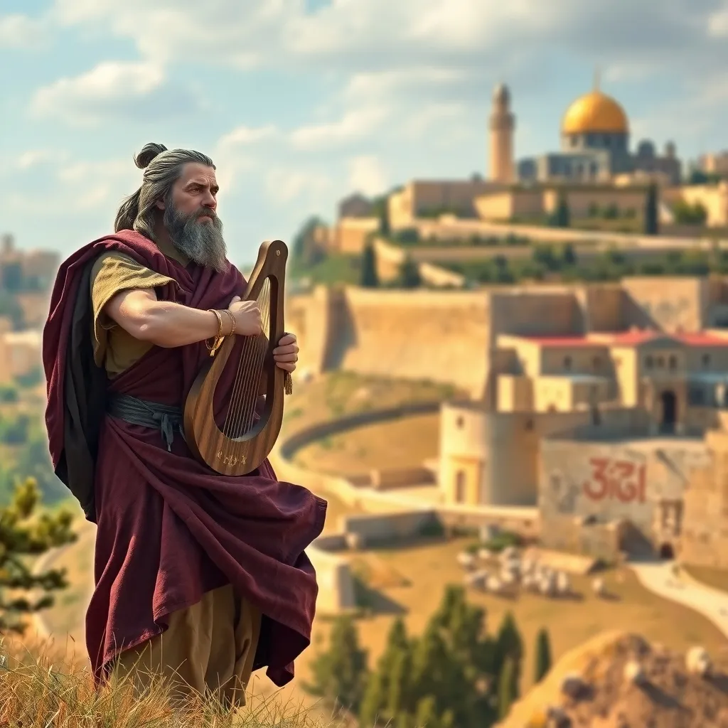 King David standing on a windswept, ancient hillside, overlooking the majestic city of Jerusalem, with the Temple Mount visible in the distance. King David should be depicted as a strong and wise leader, with a rugged, weathered face and a piercing gaze, dressed in traditional, ancient Israelite attire, with a royal cloak flowing behind him. He should be holding a harp in one hand, symbolizing his role as a musician and poet, and a shepherd's staff in the other, representing his humble beginnings as a shepherd boy.