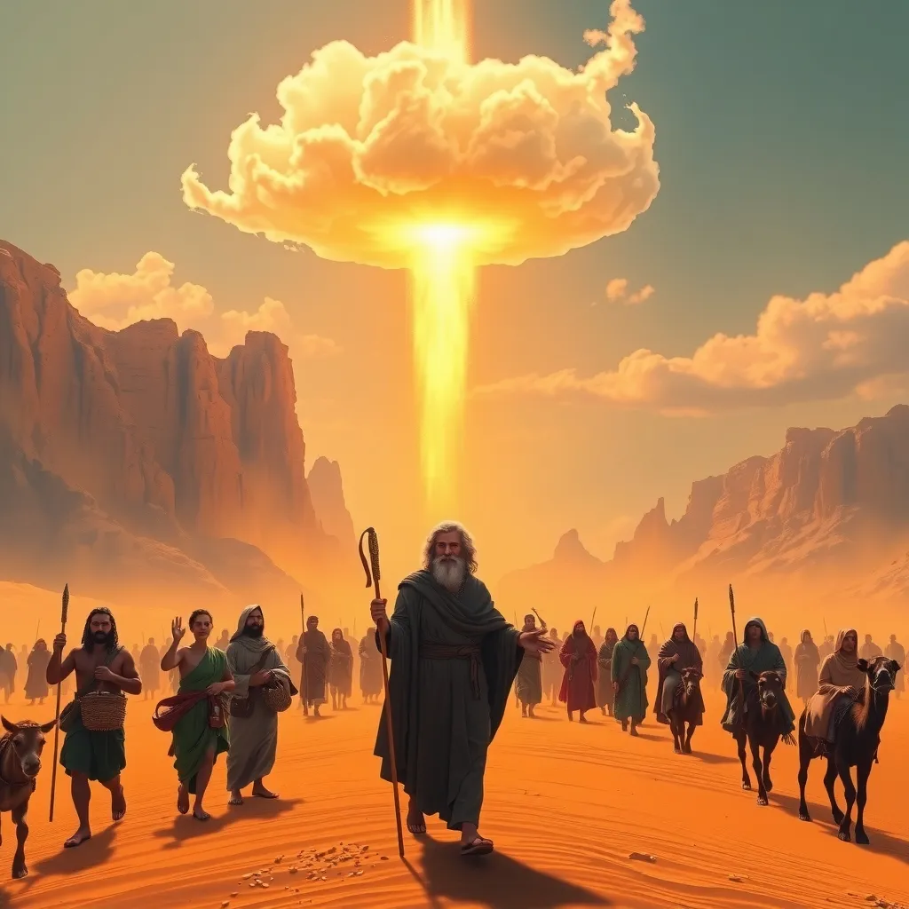 Israelites journeying through the desert, with Moses standing at the forefront, staff in hand, and the majestic pillar of cloud and fire rising above them. The scene should be set against a breathtaking, sun-scorched desert landscape, with towering sandstone formations, rocky outcroppings, and endless dunes stretching out to the horizon.