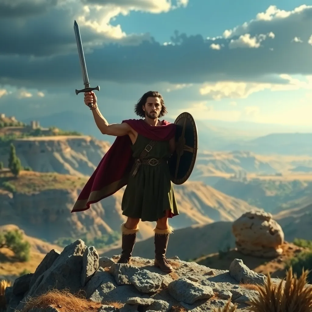 ancient Israelite landscape, with a prominent judge standing heroically in the foreground, surrounded by the rolling hills, valleys, and mountains of the Promised Land.