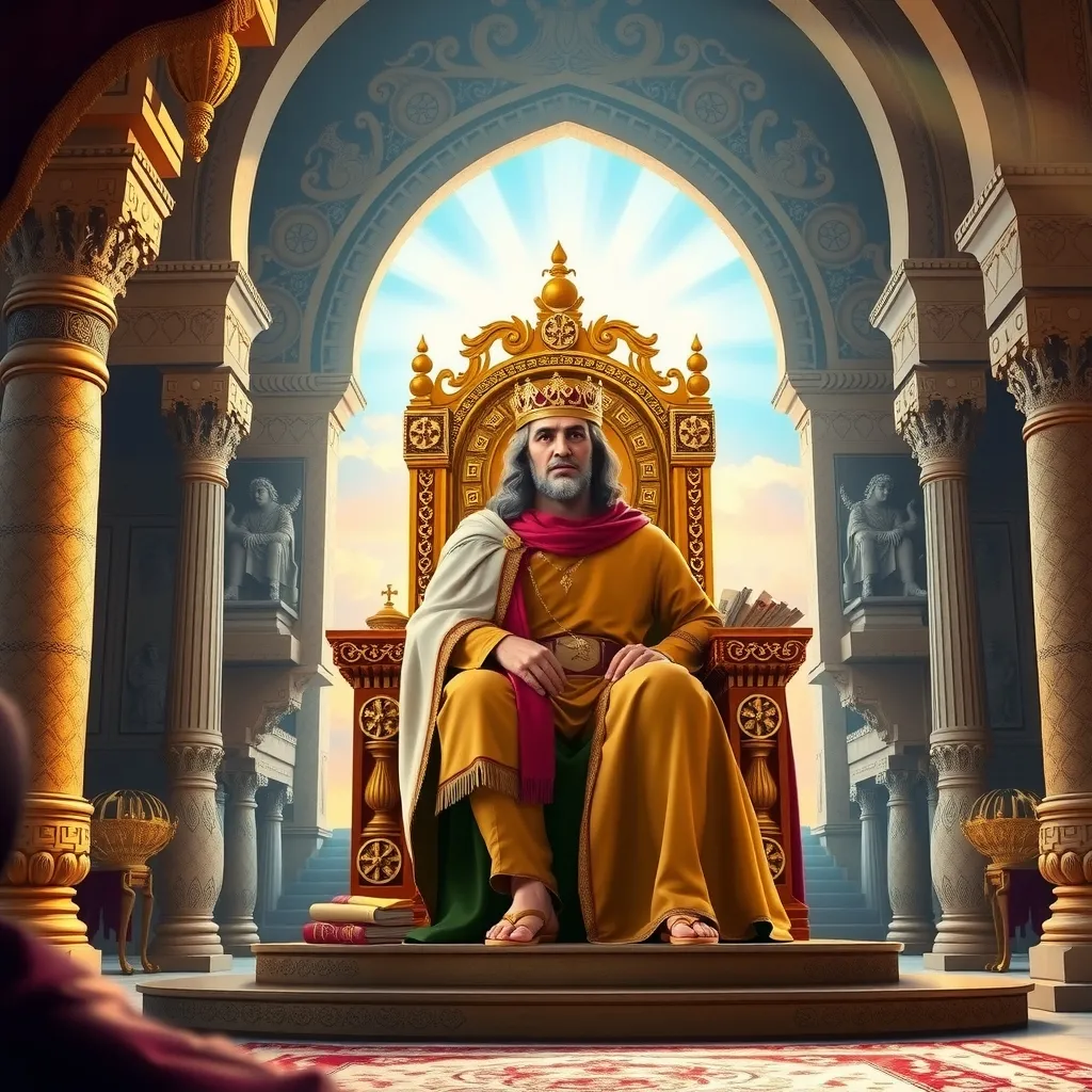 a majestic, ancient Israelite throne room, with a prominent king, such as Solomon or David, sitting regally on a ornate, golden throne, surrounded by the opulence and splendor of the royal court. The king should be depicted as a wise, just, and powerful ruler, with a strong, authoritative presence and a thoughtful, introspective expression, dressed in traditional, ancient Israelite royal attire, with a crown, scepter, and other symbols of their office and authority.