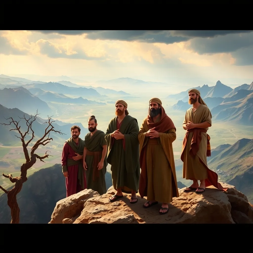 a dramatic, ancient landscape, with a group of minor prophets, such as Hosea, Joel, or Amos, standing together on a rocky outcropping, overlooking a vast, sweeping valley below.