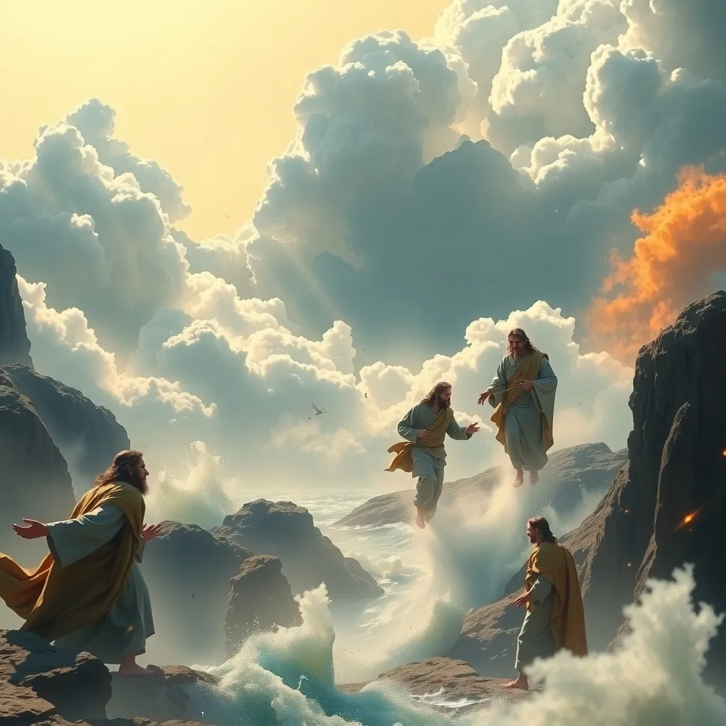 a dramatic, biblical scene, with a variety of miracles and wonders from the Bible depicted in a single, sweeping landscape. The scene should feature a range of iconic miracles, such as Moses parting the Red Sea, Jesus walking on water, or Elijah calling down fire from heaven, each one showcased in a unique and captivating way.