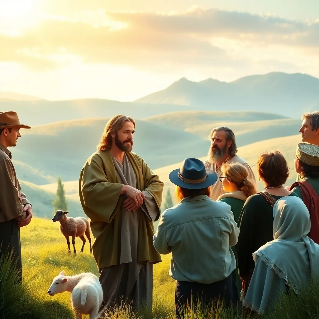 a serene, rustic landscape, with a group of people from different walks of life, such as a farmer, a shepherd, a merchant, and a traveler, gathered around Jesus as he teaches them through parables.