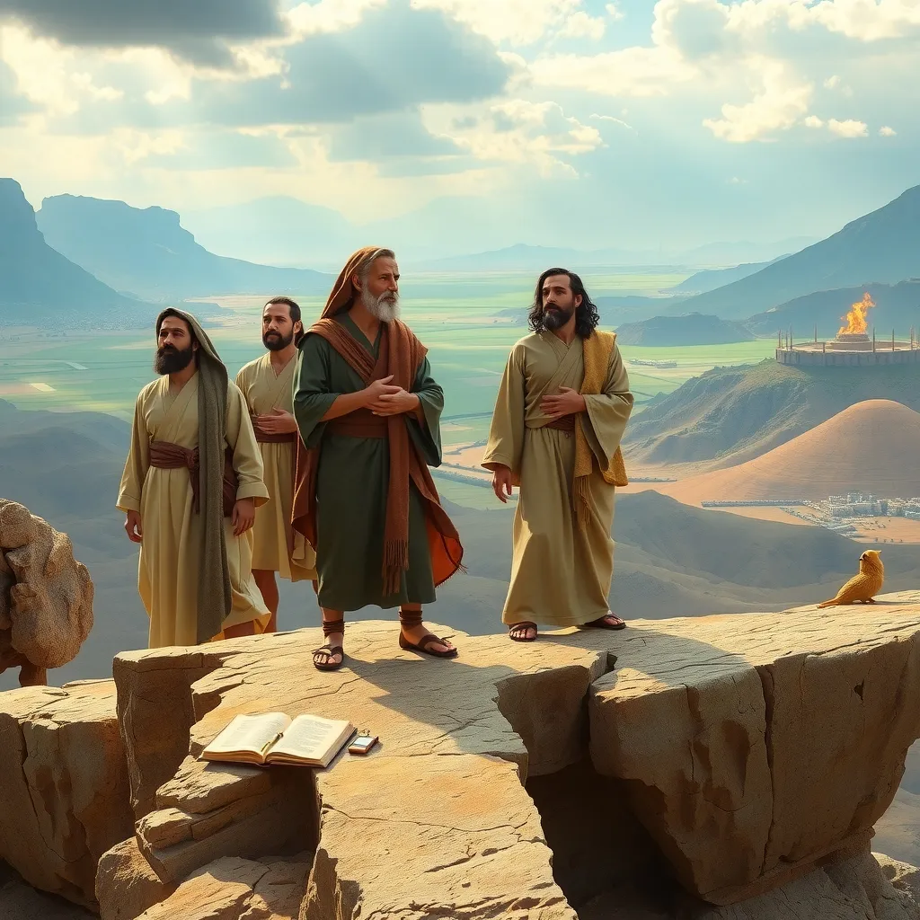 a dramatic, ancient landscape, with a group of prophets from the Bible, such as Isaiah, Jeremiah, Ezekiel, and Daniel, standing together on a rocky outcropping, overlooking a vast, sweeping valley below.