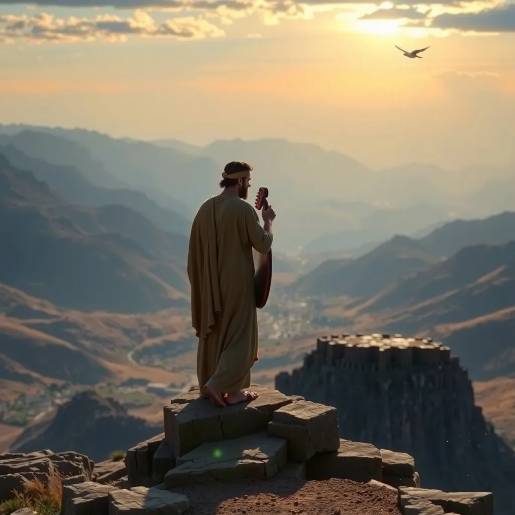 a majestic, ancient landscape, with a lone figure, such as King David, standing on a rocky outcropping, overlooking a vast, sweeping valley below, with a harp or lyre in hand, and a look of deep contemplation and devotion on their face.