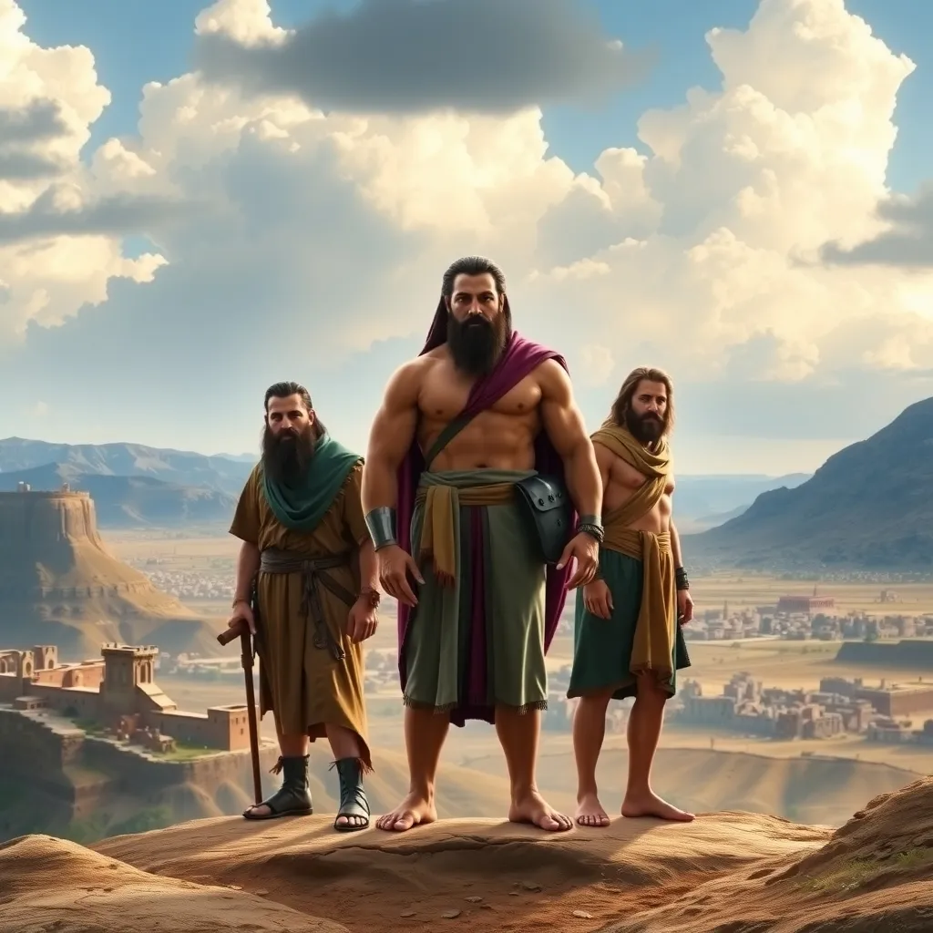 a grand, ancient landscape, with a gathering of iconic Old Testament heroes standing together in a powerful, heroic pose.